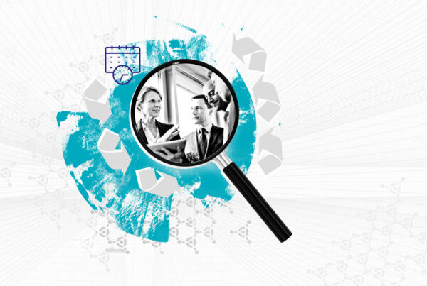 Illustration of two business professionals talking seen through a magnifying glass.