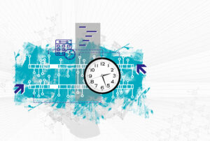 Eine abstrakte Illustration zeigt eine große Uhr in der Mitte mit verbundenen schaltkreisartigen Linien. Im Hintergrund sind Symbole eines Kalenders und einer kleineren Uhr zu sehen. Zwei große Pfeile, die nach außen zeigen, erscheinen auf beiden Seiten, und der Hintergrund hat blaue und graue Spritzer.