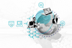 A collage shows people using various digital devices with icons representing communication, scheduling, and connectivity. A globe in the background emphasizes global collaboration.