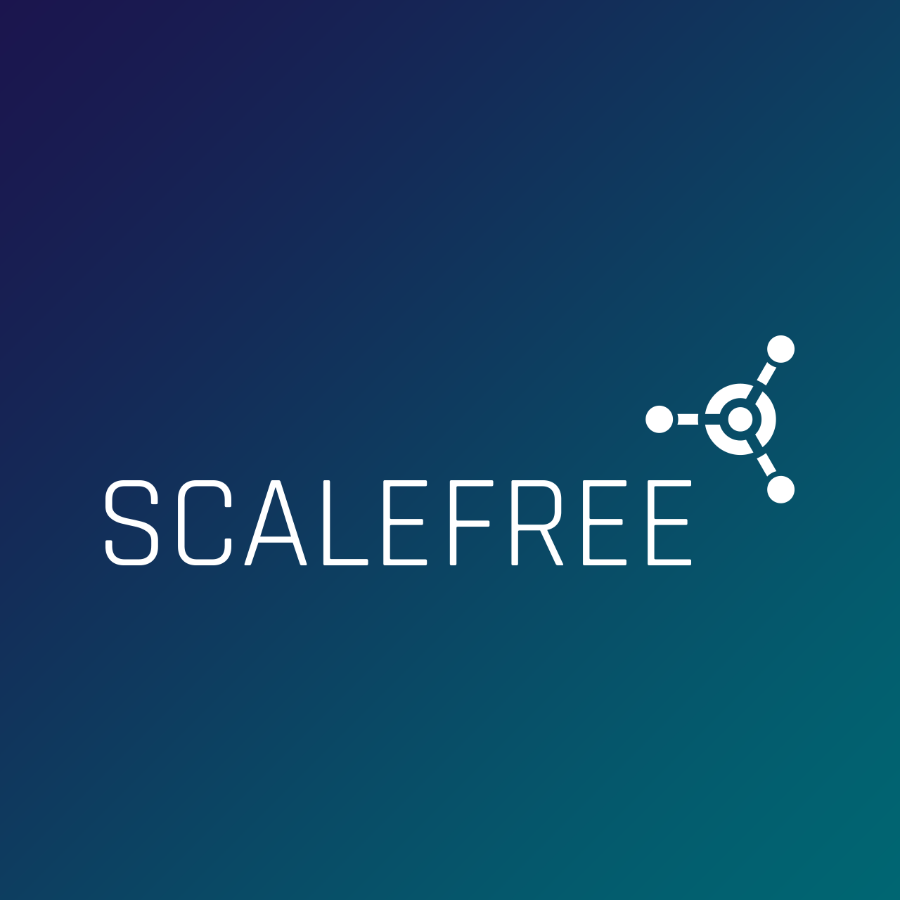 ScaleFree logo on a blue-to-teal gradient background, with a white circular network icon to the right of the word SCALEFREE