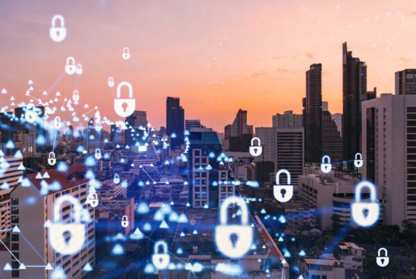 Hologram of Padlock on sunset panoramic cityscape of Bangkok, Southeast Asia. The concept of cyber security intelligence. Multi exposure.