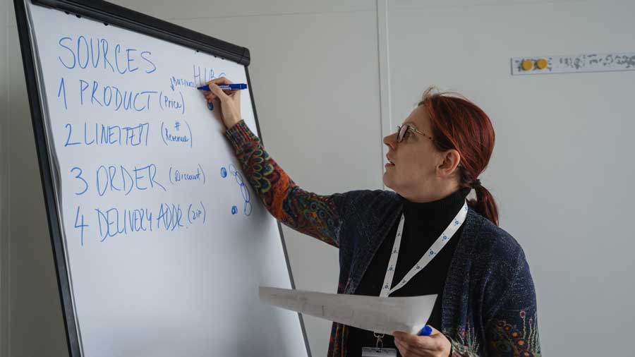 Academic Empowerment for Data Platforms 1 Woman with red hair writes a four-step list on a whiteboard during a meeting and points with a marker.