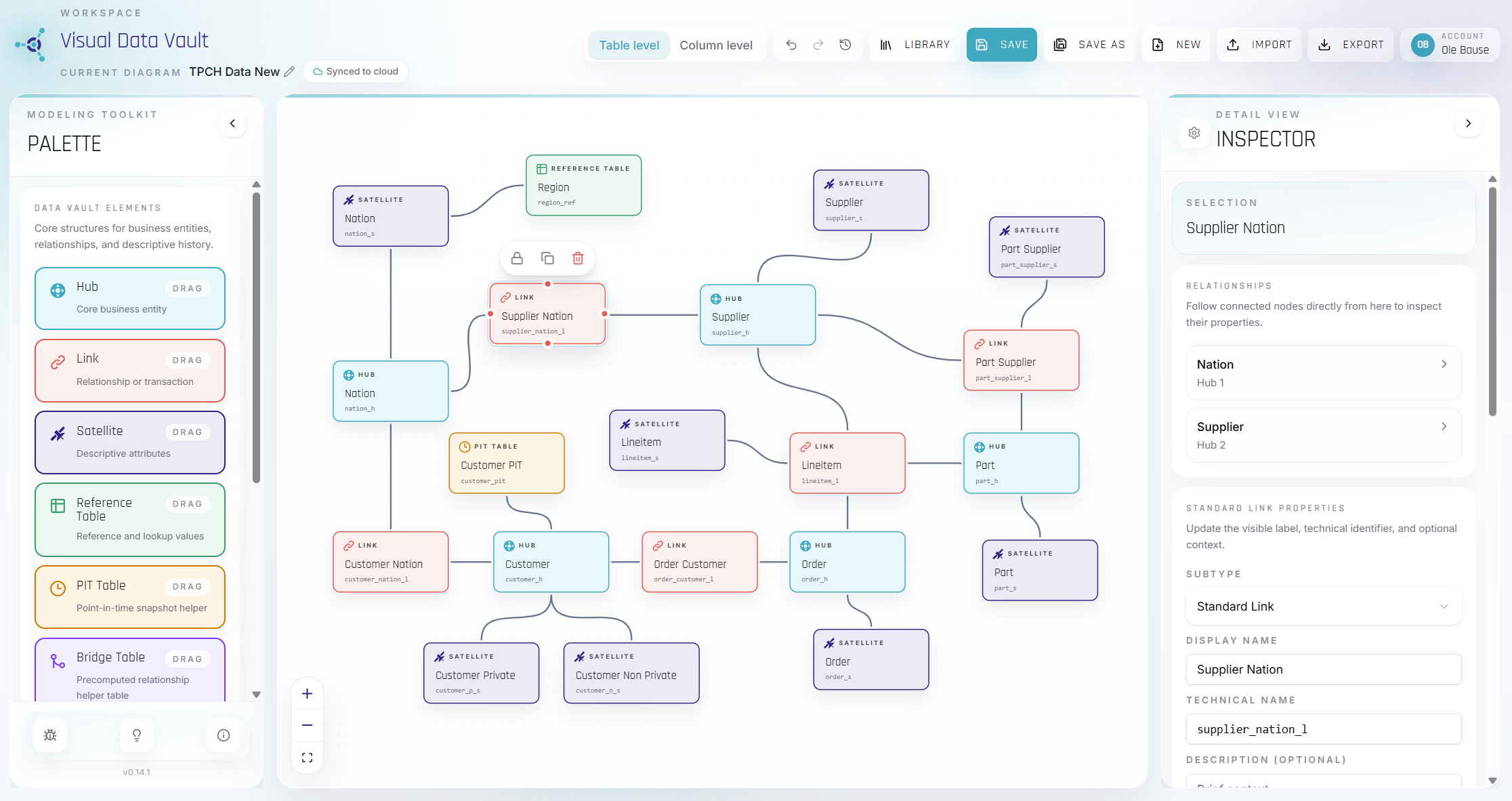 Diagram of a Data Vault model on a UI canvas, showing hubs, links, and satellites (Nation, Region, Supplier, Customer, Order, Part) connected in a network.